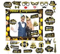 HOWAF 29 Pieces Accessoires de Cabine Photo pour Fete d'anniversaire, Accessoires de Fete d'anniversaire Noir et Or et Cadre Gonflable geant pour Cabine Photo d'anniversaire, Fete d'anniversaire