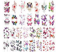 HOWAF 30 Feuilles Tatouage Ephemere Femme, Colorés Tatouage Papillon Faux Tatouage Femme Imperméables Temporary Tattoo Butterfly Tatouage Temporaire Papillon Tatouage Enfant Fille Femme et Adultes