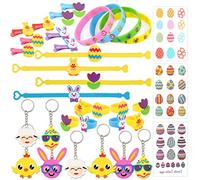 HOWAF 35pcs Kit de fête Pâques Cadeau Enfant - Pâques Tatouage Enfant, Pâques Porte Clés, Pâques Bracelets, Pâques Pince à Cheveux et Bagues Jouets Enfant bonbonnières Pâques Cadeau Fille Garçon
