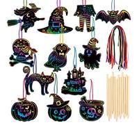 HOWAF 36pcs Kit de Scratch Art Halloween pour Enfants Dessin, Papier Gratter Artisanat pour DIY Halloween Décoration Ornement Cadeaux Étiquette, Chauve Souris Fantôme Citrouille Crâne Sorcière Hibou