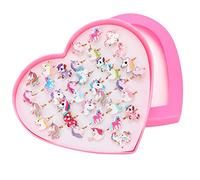 HOWAF 36pcs Licorne Bagues Enfants en Plastique, Réglables Bague Jouets Kit Enfant Fête Fille avec Boîte De Coeur, Anniversaire Licorne Pochettes Cadeau Fille Pinata Licorne
