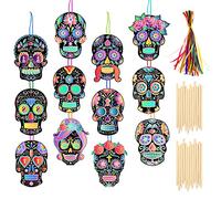 HOWAF 36pcs Mexicain Tête de Mort Scratch Art pour Halloween Enfants Artisanat Dessin, Mexicain Crâne Gratter Papier Artisanat pour Enfants DIY Etiquettes Cadeaux Décoration Ornement de Halloween