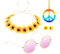 HOWAF 4 Pièces Ensemble de Costume Hippie, Collier de Signe de Paix Boucles d'oreilles, Bandeau de Tournesol et Lunettes Hippie Roses, Deguisement Hippie Accessoires de Fête 60s 70s Femme