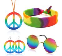 HOWAF 4 Pièces Ensemble de Costume Hippie, Collier de Signe de Paix Boucles d'oreilles Lunettes de Soleil Arc-en-Ciel Hippie Bandeau Deguisement Hippie Accessoires de Fête 60s 70s Femme Homme