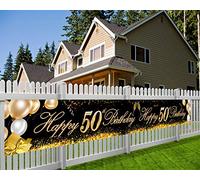HOWAF 50 Anniversaire D¨¦coration Noir et Or Extra Longue Banni¨¨re en Tissu pour 50 Ans D¨¦coration, 50 Photo Booth Toile de Fond Affiche D¨¦coration pour Jardin Table Mur, 9 x 1,2 Pieds