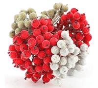 HOWAF 6 Pack 240pcs Mini Baie Fruit de Noël Givré Houx Fleur Artificielle Décoration 12 mm, Rouge, Or et Argent