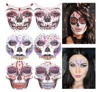 HOWAF 6 Tatouage Visage Halloween Tatouage Dia De Los Muertos, Strass Autocollant Visage Strass Visage Crâne Autocollant Paillettes visage Festival Maquillage Festival visage Deguisement Halloween, A