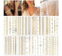 HOWAF 8 Feuilles de Tatouage Temporaire Metallique Brillant pour Femme, Tatouage Flash Or Paillettes Mandala Party Tatouage Temporaire Autocollant pour Femme Adulte Fille Main Doigt Halloween