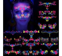 HOWAF 8 Feuilles Néon Tatouage Visage, UV Néon Tatouages Temporaires Faux Tatouage Ephemere Maquillage Imperméables pour Femmes Homme Filles, B