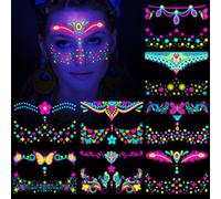 HOWAF 8 Feuilles Néon Tatouages Temporaires Tatouage Visage, Néon Lueur UV Néon Visage Tatouages éphémères Faux Tatouage Ephemere Femme Tatouage Visage Maquillage Imperméables pour Femmes Homme Filles
