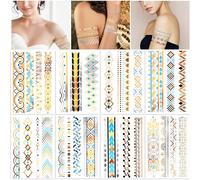 HOWAF 8 Feuilles Tatouage Ephemere Femme Autocollants Métalliques Étanche Doré Tatouages Temporaires Dorés Faux Tatouage Ephemere Brillants Autocollants Festival Accessoire pour Adultes Femmes Enfants