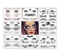 HOWAF 9 Feuille Halloween Tatouages Temporaires pour Visage Corps, Cicatrices Araignées Toile Chauve Souris Tatouages Éphémères pour Halloween Carnaval Maquillage Déguisements Accessoires