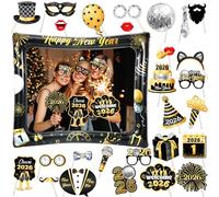 HOWAF Accessoire Photobooth Nouvel an 2026, Cadre Photobooth Gonflable Happy New Year Accessoire Photo Lunettes Bonne Année pour Decoration Nouvel an 2026, Deco Jour de l'An, Set A, Noir Or
