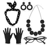 HOWAF Années 50 Femmes Costume Accessoires Ensemble Polka Dot Bandana Cravate Bandeau années 50 bijoux Boucles d'oreilles Collier Gants Rétro chat Yeux Lunettes, Noir