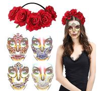 HOWAF Bandeau Jour des Morts Costume Halloween Femme, Rose Serre Tete Halloween Femme Couronne Bandeau et 4 Halloween Tatouages Temporaires Strass Maquillage pour Déguisement Halloween Jour des Morts