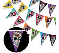 HOWAF Bannière du Jour des Morts, Bannière Fiesta Mexicaine, Multicolore Halloween Dia De Los Muertos Crâne Banderole Guirlandes de Fanions Drapeaux de Triangle Décorations Cinco de Mayo Fête