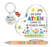 HOWAF Cadeau Atsem Maternelle Forme de Coeur Acrylique Ornements, Porte Clef Atsem, Stylo à Bille pour Cadeau Maitre d'école, Cadeaux Maîtresse Fin d'Année, Set B