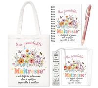 HOWAF Cadeau Maitresse d'école Tote Bag, Carnet de Notes, Stylo à Bille, Marque Page, Carte Merci Maitresse pour Cadeau Maîtresse Fin d Année, Cadeaux Maîtresse