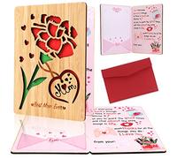 HOWAF Carte de Fête des Mères, Bambou Carte d'anniversaire pour Maman Carte de Voeux en Bois pour l'anniversaire de Maman pour Fête des Mères Cadeau Rose Rouge Best Mum Ever pour Mum Amour
