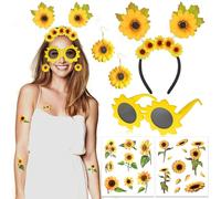 HOWAF Costume de Tournesol, Serre Tete Tournesol Bandeaux Fleur Lunette Boucles d'oreilles Tatouage Ephemere pour Deguisement Halloween Costume