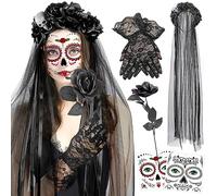HOWAF Costume Dia De Los Muertos, Serre Tete Dia De Los Muertos, Halloween Tatouage Visage, Gants de Dentelle Roses pour Jour Des Morts, Deguisement Halloween Dress Costume Accessory, F