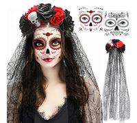 HOWAF Costume Dia De Los Muertos, Serre Tete Dia De Los Muertos, Serre Tete Halloween Tatouage Temporaire pour Visage, Deguisement Jour Des Morts Femme, Deguisement Halloween, A