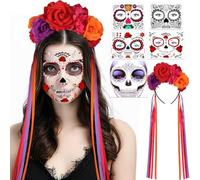 HOWAF Costume Dia De Los Muertos, Serre Tete Dia De Los Muertos, Serre Tete Halloween Tatouage Temporaire pour Visage, Deguisement Jour Des Morts Femme, Deguisement Halloween, D