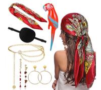 HOWAF Costume Pirate Femme, Bandana Pirate Bandeau Pirate, Cache Oeil Pirate, Ceinture Chaine, Boucle d'Oreille, Accessoire Cheveux, Perroquet Gonflable pour Deguisement Pirate, Deguisement Halloween
