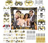 HOWAF Decoration Nouvel an 2026, Cadre Photobooth Nouvel an Gonflable, Lunettes Bonne Année, Happy New Year Tatouage Ephemere, Souffleurs de Fête pour Deco Jour de l'An 2026, Noir Or