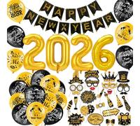 HOWAF Decoration Nouvel an 2026, Kit de fête Déco Nouvel an 2026, Happy New Year Bannière, 2026 Ballon XXL, Ballons Nouvel an Noir et Or, Nouvel an Accessoires Photobooth