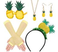 HOWAF Déguisement Ananas, Serre Tete Ananas, Bandeaux Hawaienne, Lunettes, Gants, Collier, Boucles d'oreilles pour Déguisement Hawaien Ananas Deguisement Halloween Costume Cosplay Accessories
