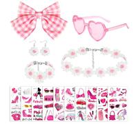 HOWAF Déguisement Année 80 Femme, Noeud Papillon Rose Pince Cheveux Lunettes Coeur Rose Boucle d'oreille Fleur Collier Bracelet Tatouage pour Accessoire Party Costume Pink Costume Accessories