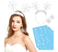 HOWAF Deguisement Flocon de Neige, Serre Tete Noel Bandeau Flocon de Neige Bandeaux de Noël, Boucles d'Oreille, Tatouage Ephemere pour Deguisement Noel Halloween Costume