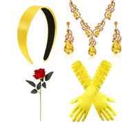 HOWAF Déguisement Princesse Fille, Bandeau Cheveux Princesse, Gant Satin Gants Longs Jaunes, Strass Cristal Collier Boucles d'Oreilles Rose pour Deguisement Princesse, Deguisement Halloween Fille