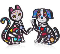 HOWAF Figurine squelette Jour des morts en bois pour décoration de table Dia De Los Muertos Cadeau en bois noir pour chat et chien Tête de mort Décoration de table pour Halloween Maison Bureau Mantele