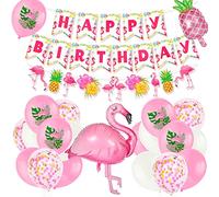 HOWAF Flamant Rose Tropical Decoration Fille, Ballon Flamingo Ananas Foil avec Bannières Joyeux Anniversaire, Decoration Hawaienne Summer Luau Fête