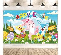 HOWAF Grande décoration de fête de Pâques en tissu, bannière Happy Easter Egg Bunny Hunt et panneau de poussin, bannière de jeu de chasse de Pâques, affiche pour cabine photo, toile de fond avec corde