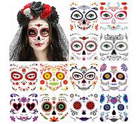 HOWAF Halloween Tatouages Temporaires pour visage, 12 Autocollant de Tatouage de Visage du Jour des Morts Floral Squelette Tatouages éphémères Pour homme femme Halloween Déguisement Costume Maquillage
