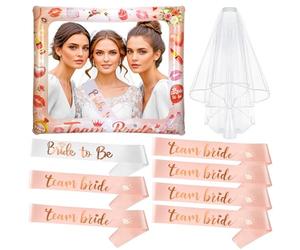 HOWAF Kit EVJF Accessoire, Echarpe EVJF, Team Bride, Echarpe Future Mariée et Voile Mariée, Cadre Photo Gonflable pour Enterrement de Vie de Jeune Fille pour Deguisement EVJF, Decoration EVJF