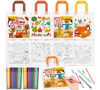 HOWAF Lot de 12 sacs à friandises à colorier d'automne, sacs à bonbons à colorier d'animaux d'automne, citrouilles, feuilles d'érable, sacs cadeaux de coloriage réutilisables en toile pour