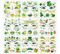 HOWAF Lot de 9 tatouages temporaires pour la Saint-Patrick - Motif trèfle à paillettes - Pour décorations de fête irlandaise, costume de la Saint-Patrick - Trèfle porte-bonheur - Maquillage vert