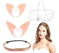 HOWAF Oreilles d'elfes, 2 Oreille d'Elfe en Latex Oreilles Pointues avec 2 Chaîne de Tête Bandeau Bande de Cheveux Oreilles d'Elfo pour Deguisement Halloween Costume Cosplay Fête de Noël Oreille Elfe