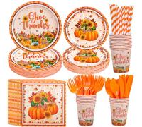 HOWAF Service de table de Thanksgiving - Fournitures de fête à thème « Give Thanks » - Assiettes en carton, tasses, serviettes, couteau, fourchette et paille, citrouille et tournesol - Vaisselle