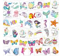 HOWAF Tatouage Enfant, 80 Feuilles Éphémères Fille, Paillettes, Étanche Mixte Sirène Licorne Papillon, Kit Pinata Cadeaux Anniversaire