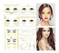 HOWAF Tatouage temporaire femm fille, 6 Feuilles Visage Tatouages Temporaires Faux Tatouages éphémères Métalliques Brillants Tatouages Éphémères Dorés Flash Autocollants pour Femmes adultes enfants