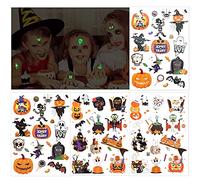 HOWAF Tatouages d'Halloween pour enfants, Lumineux + Paillettes Halloween Tatouages éphémères pour Filles garçons Enfants Cadeaux d'Halloween, Decoration Halloween Anniversaire Enfants, 4 feuilles