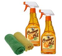 Howard Lot de 2 flacons de vernis à l'huile orange pour meubles, nettoyage, conditionnement et protection de surface du bois naturel, chiffon en microfibre, flacon de 473 ml