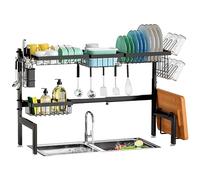 HOWDIA XILIDIA Égouttoir à Vaisselle Extensible à 2 Niveaux en Acier Inoxydable avec Porte-ustensiles pour comptoir de Cuisine (Noir)