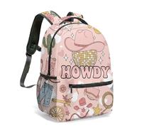 Howdy Sac à dos imprimé tête de mort de vache rétro 40,6 cm Rose Bottes de cowboy occidentales Cactus étoiles Collage Sac à dos pour ordinateur portable Sac à dos de voyage, 10, L, Décontracté