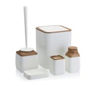 HowHomely Ensemble Brosse WC rayée Blanche avec Poubelle de Salle de Bain | Poubelle de Salle de Bain et Brosse WC Blanche avec Accents Marron | Poubelle de Salle de Bain et Brosse de Toilette |